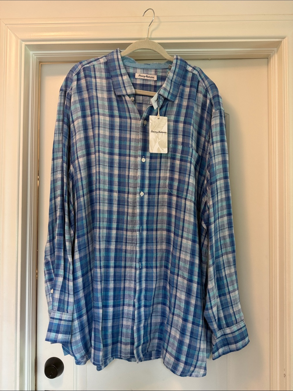 Tommy Bahama Blue & White Plaid Linen Casual Button-Down Shirt